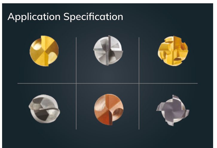 Grid of six end-cutting geometries shown face-on in different coatings and configurations.