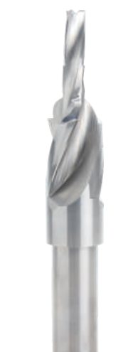 Solid carbide end mill with helical flutes and a stepped cutting end.