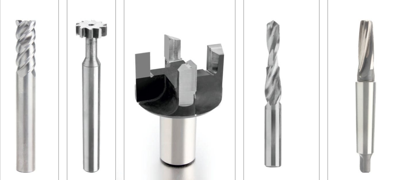 Row of five HSS tools including an end mill, T-slot cutter, shell cutter, drill and taper-shank reamer.