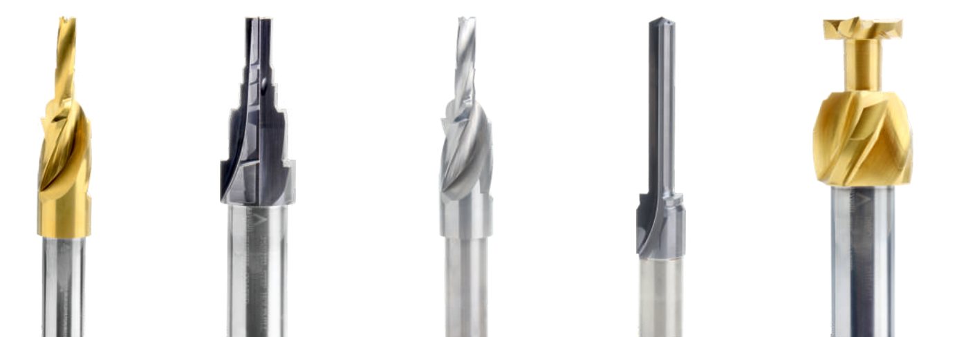 Five solid carbide tools including coated step drills, an end mill and a form cutter, shown side by side.